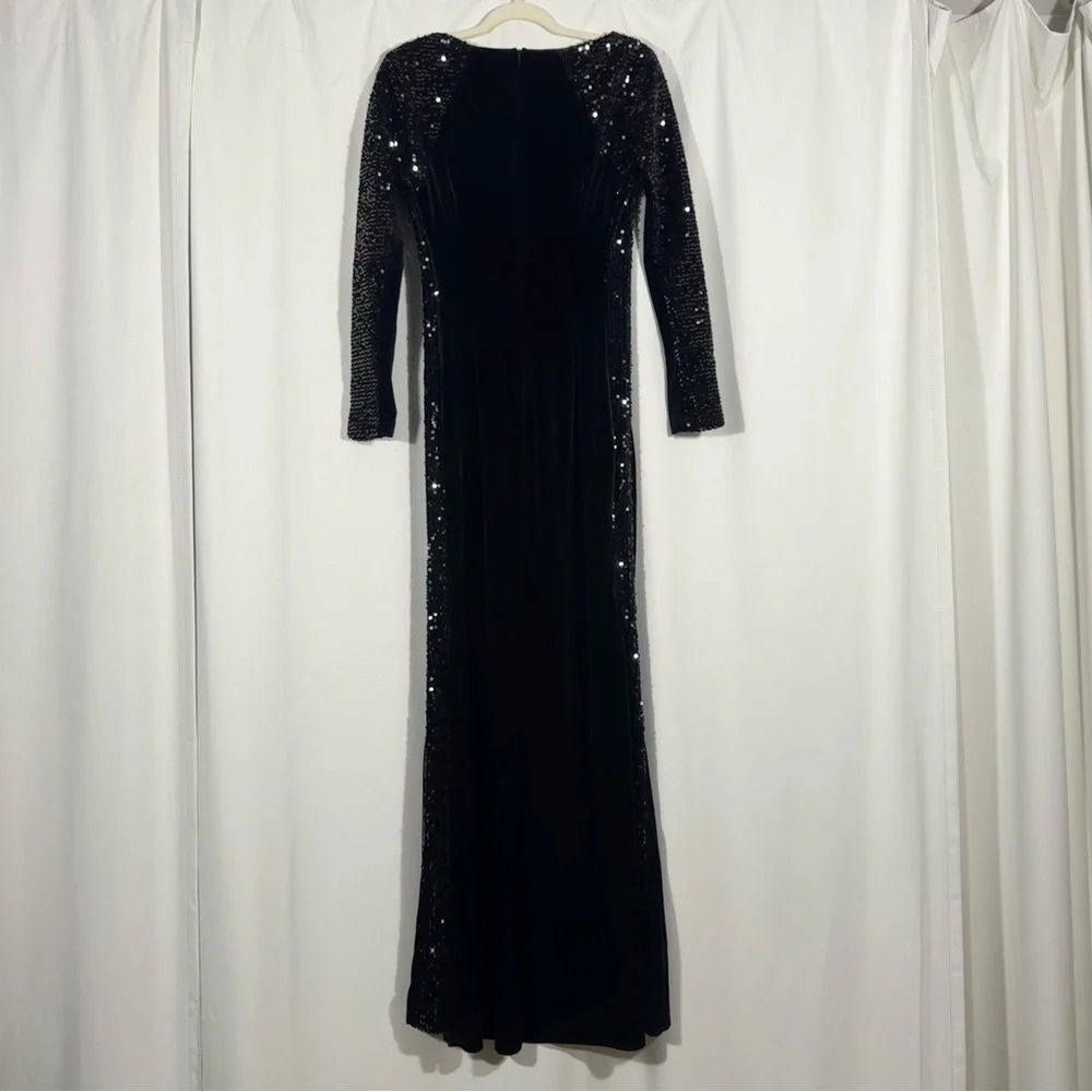 Vintage Black Velvet Sequin Panel Long Sleeve Dress